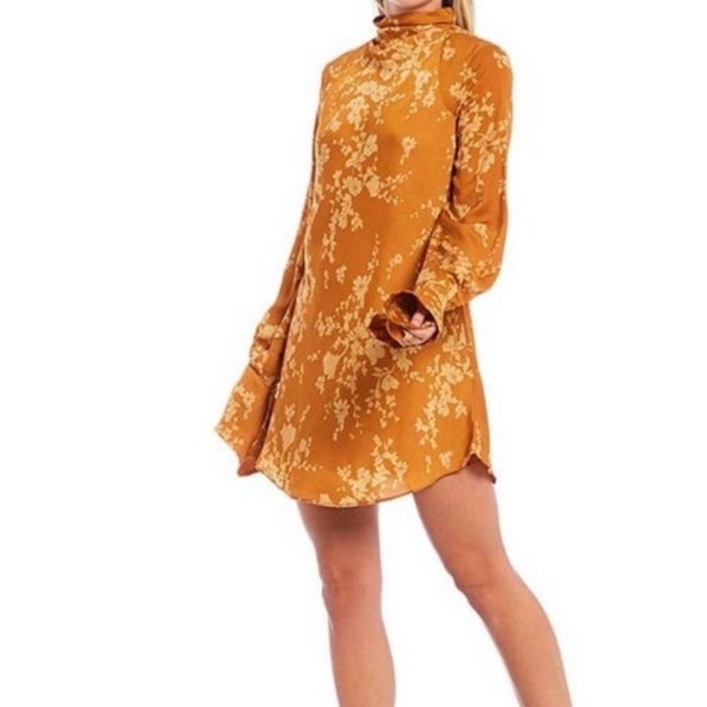 Free People Aries Mini Dress Golden Yellow sz S Backless Long Sleeve Boho Flowy